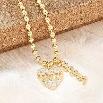 Mother's Day Brass Micro Pave Clear Cubic Zirconia Mom Heart Pendant Necklaces for Women NJEW-A071-06A-G-1