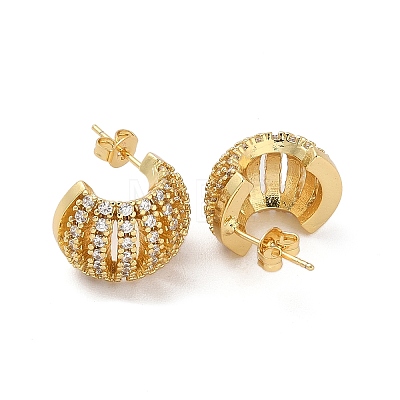Brass Micro Pave Cubic Zirconia Half Round Stud Earrings EJEW-P252-03G-1