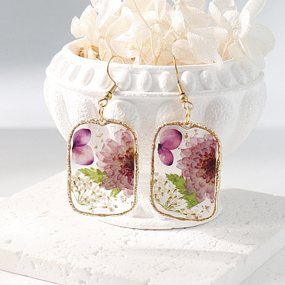 Resin & Dried Flower Rectangle Dangle Earrings FS-WG21EF9-05-1