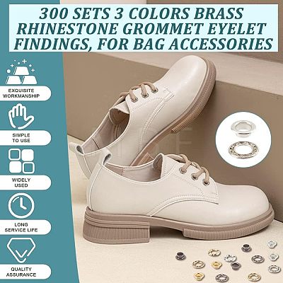  300 Sets 3 Colors Brass Rhinestone Grommet Eyelet Findings DIY-NB0007-68-1