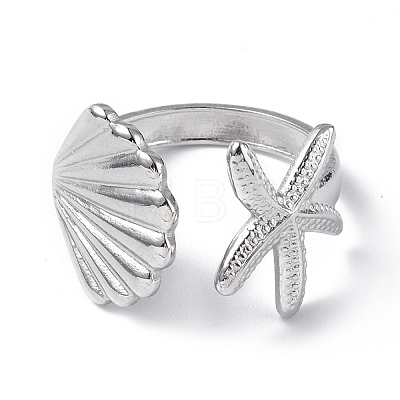 304 Stainless Steel Shell with Starfish Open Cuff Ring for Women RJEW-C046-03P-1
