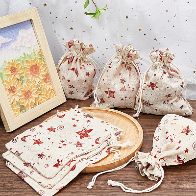 Christmas Jute Cloth Star Print Storage Pouches ABAG-WH0048-12B-1