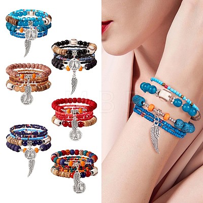 5Pcs 5 Style Wood & Glass Seed & Acrylic Beaded Stretch Bracelets Set with Baseball JB709B-1