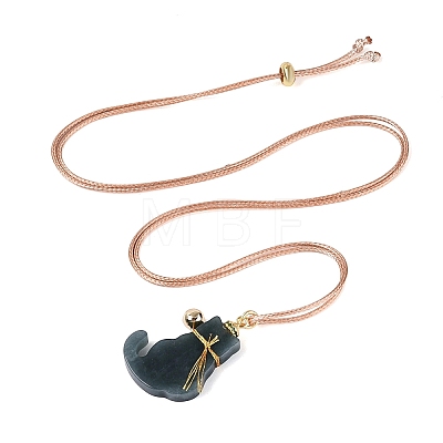 Natural Myanmar Jade Cat Pendant Adjustable Cord Necklaces NJEW-N064-01-1