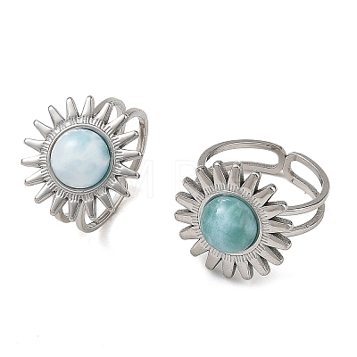 Natural Larimar Cabochons & Stainless Steel Cuff Open Rings RJEW-JR01090-02-1