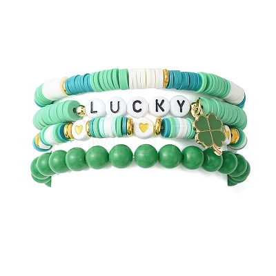 4Pcs 4 Style Word Lucky Acrylic & Brass & Polymer Clay Disc Beaded Stretch Bracelets Set BJEW-TA00313-1