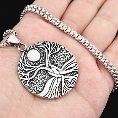Viking Stainless Steel Box Chain Tree of Life Pendant Necklaces for Men PW-WGA998B-01-1