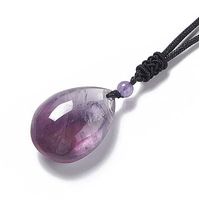 Natural Amethyst Teardrop Pendant Necklace with Nylon Cord for Women NJEW-P274-04-1