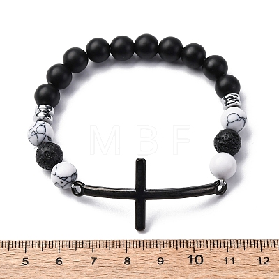 Round Natural Black Agate & Lava Rock & Synthetic Howlite Bead Stretch Bracelets BJEW-F493-04EB-01-1