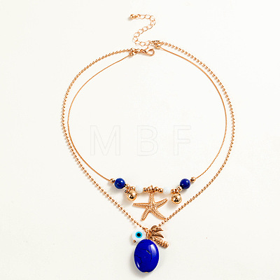 Alloy Starfish Coconut Tree & Oval Resin Pendant Double Layer Necklaces FS-WGC9AA5-01-1