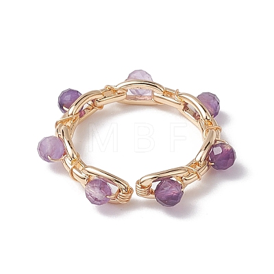 Round Natural Mixed Gemstone Bead Open Cuff Ring RJEW-JR00724-1