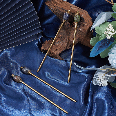 4Pcs 4 Styles Natural Sodalite & Natural Dragon Blood Jasper & Natural Indian Agate & Natural Larvikite & Brass Hair Sticks OHAR-ME00004-1