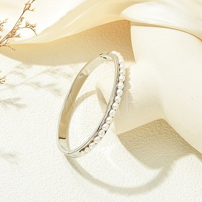 Natural Cultured Freshwater Pearl Beads and 201 Stainless Steel Hinged Cuff Bangles BJEW-JB14319-1