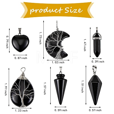 6Pcs 6 Style Natural Obsidian & Black Agate Pendants G-SZ0001-91-1