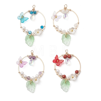 Faceted Round Natural Mixed Stone & Glass Butterfly & Plastic Flower Pendants PALLOY-JF05043-1