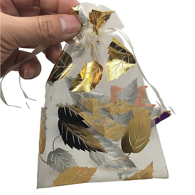 Gold Stamping Leaf Organza Printed Gift Bags with Drawstring PW-WGCD8B4-01-1