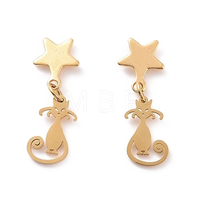 304 Stainless Steel Cat with Star Dangle Stud Earrings for Women EJEW-G328-10-1