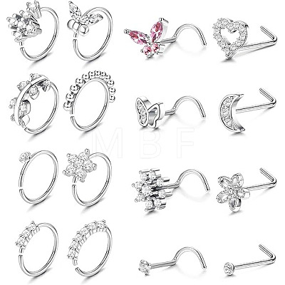 16Pcs 16 Styles 316L Surgical Stainless Steel Rhinestone Nose Studs & Rings WGD5AA5-02-1