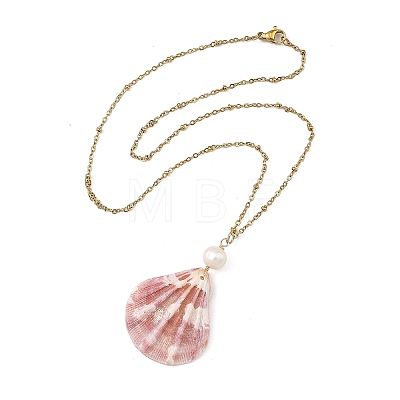 Natural Scallop Shell Pendant 304 Stainless Steel Satellite Chain Necklaces with Natural Pearl NJEW-JN06547-1
