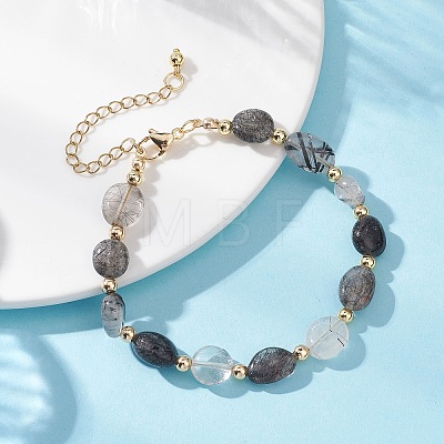 Natural Tourmalinated Quartz & Brass Beaded Bracelets for Women BJEW-JB12904-02-1