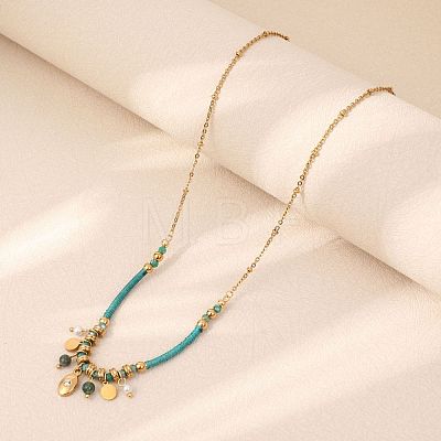 Boho 304 Stainless Steel Oval Coin Tassel & Plastic Pearl Pendant Cotton Cord Necklaces for Women WG94FE8-02-1