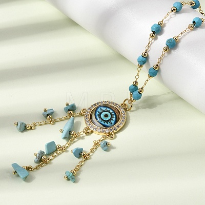 Boho Brass Resin Evil Eye Pendant Necklaces with Dyed Natural Howlite Chip Tassel NJEW-L014-03G-1