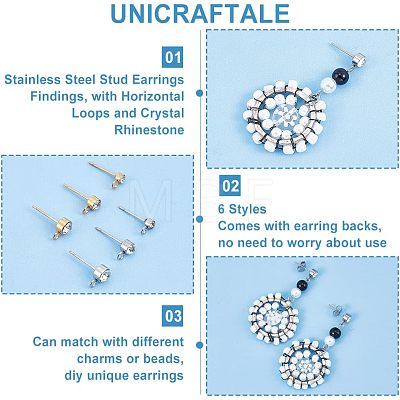 Unicraftale 36Pcs 6 Style 304 Stainless Steel Stud Earrings Findings STAS-UN0039-35-1