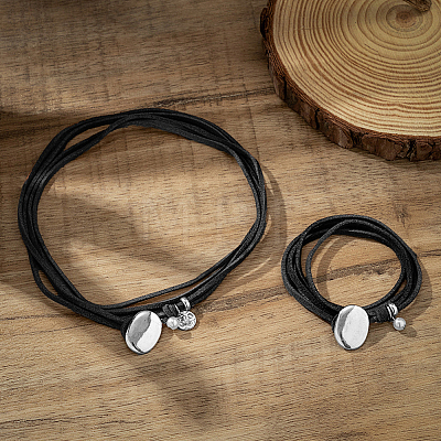 2Pcs 2 Styles Alloy Rectangle PU Leather Layered Cord Choker Necklaces for Women NJEW-CL0001-34B-1