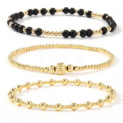 3Pcs Glass & Brass Round Beads Stretch Bracelets HD9470-4-1