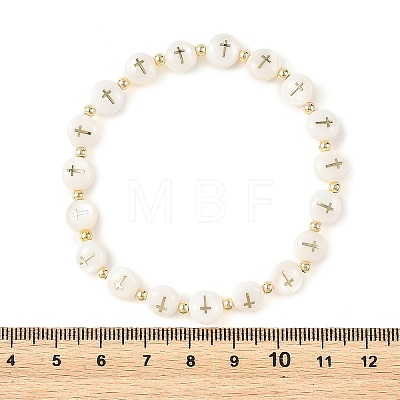 Natural Freshwater Shell Flat Round with Cross Beaded Stretch Bracelets for Women BJEW-JB14238-1