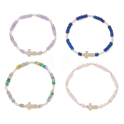 Brass Micro Pave Clear Cubic Zirconia Cross & Natural Pearl & White Jade Rondelle Beads Stretch Bracelets for Women BJEW-JB13114-1