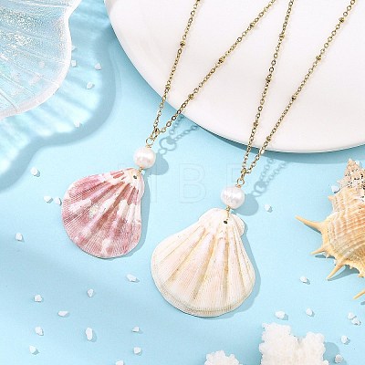 Natural Scallop Shell Pendant 304 Stainless Steel Satellite Chain Necklaces with Natural Pearl NJEW-JN06547-1