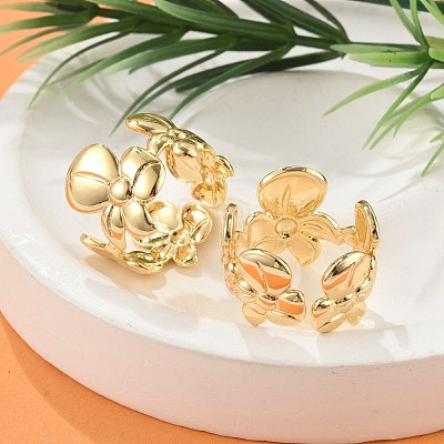 Flower Brass Cuff Rings for Women RJEW-B119-14G-01-1