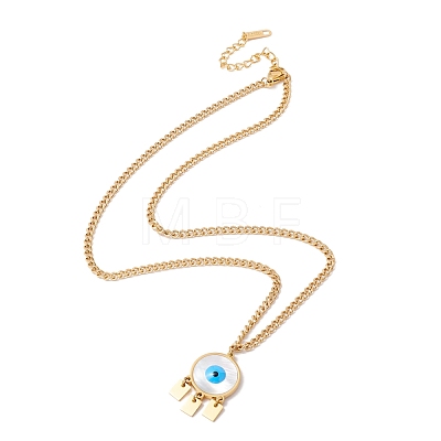 Shell Flat Round with Evil Eye Pendant Necklace with 304 Stainless Steel Curb Chains for Women NJEW-P262-03G-1