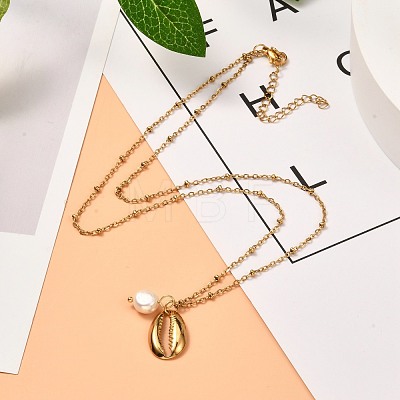 Cowrie Shell & Natural Pearl Pendant Necklace for Teen Girl Women NJEW-JN03717-02-1