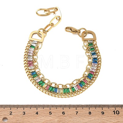 304 Stainless Steel & Glass Double Layers Chain Bracelets for Women BJEW-F540-10G-04-1