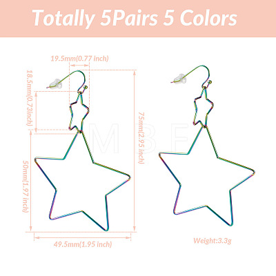 Yilisi 5Pairs 5 Colors Interlock Double Open Stars Dangle Earrings EJEW-YS0001-03-1