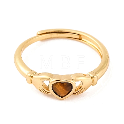 Hand with Heart Natural Tiger Eye Agate Adjustable Rings RJEW-Q817-06G-04-1