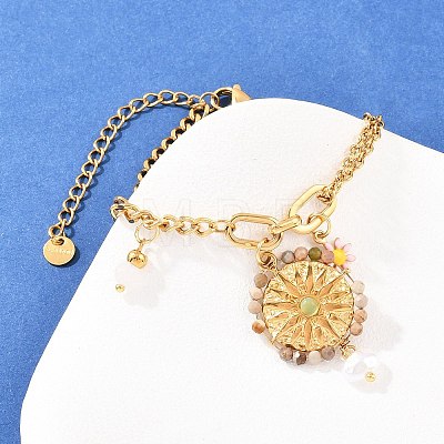 Flat Round & Flower 304 Stainless Steel & Enamel Charm Bracelets BJEW-P375-02G-1