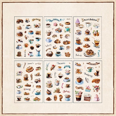 6Pcs Coffee Theme DIY Paper Scrapbook Stickers STIC-U004-05B-1