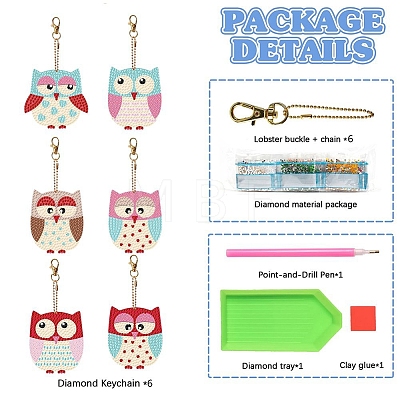 6Pcs DIY Diamond Painting Owl Keychain Kits PW-WG37898-01-1