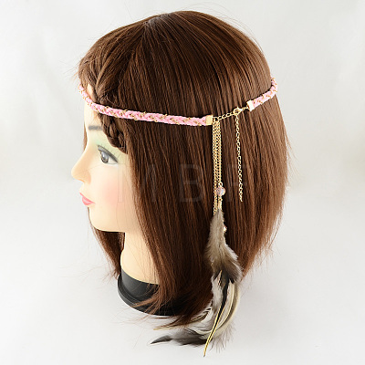 Women's Dyed Feather Braided Suede Cord Headbands OHAR-R187-04-1