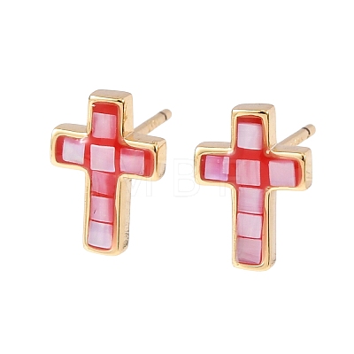 Brass Enamel Cross Stud Earrings EJEW-I322-03G-1