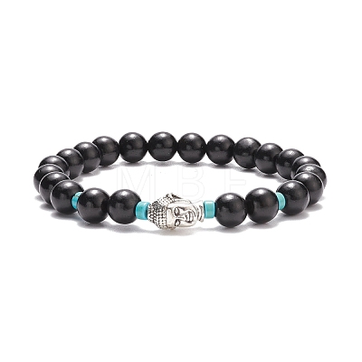 Natural Wood & Synthetic Turquoise(Dyed) Beaded Stretch Bracelet with Alloy 3D Buddha BJEW-JB08209-1