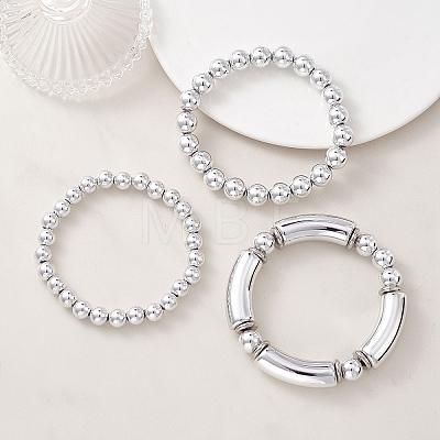 3Pcs Round & Curved Tube CCB Plastic Stretch Bracelets BJEW-JB12999-1