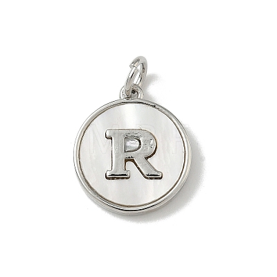 Brass Pave Natural Shell Flat Round with Letter Charms KK-Z115-13P-R-1