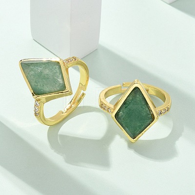 Rhombus Natural Green Aventurine Finger Rings RJEW-B113-01G-03-1