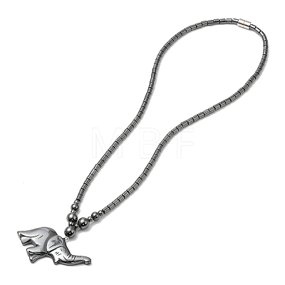 Synthetic Non-magnetic Hematite Elephant Pendant Necklace with Beaded Chains NJEW-E095-01-1