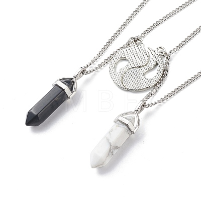 2Pcs 2 Style Natural Howlite & Black Obsidian Bullet Pendant Necklaces Set NJEW-JN03994-01-1