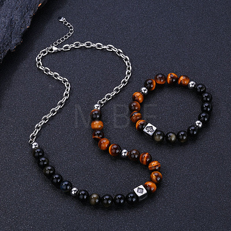 304 Stainless Steel & Natural  Tiger Eye & Natural Obsidian Round Bead Necklaces & Bracelets Sets FS-WG3D587-03-1
